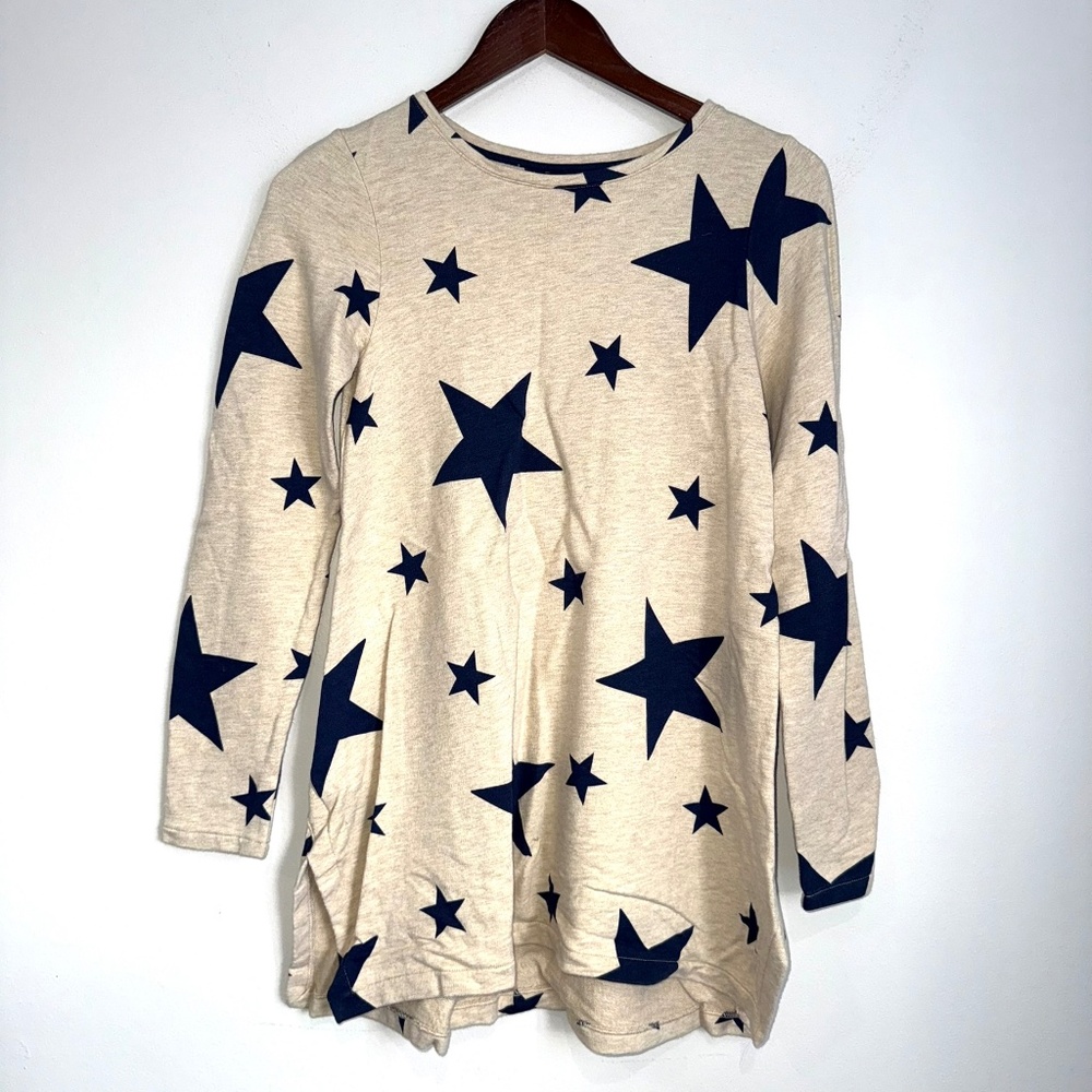 LANDS END Girls Large 14 Tan Navy Blue Star Long Sleeve Tunic Sweatshirt TT17